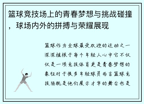 篮球竞技场上的青春梦想与挑战碰撞，球场内外的拼搏与荣耀展现