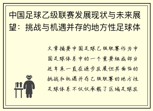 中国足球乙级联赛发展现状与未来展望：挑战与机遇并存的地方性足球体系