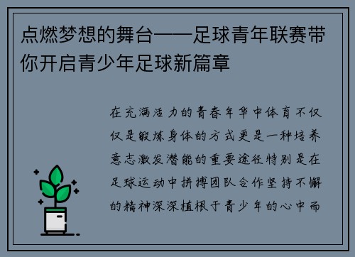 点燃梦想的舞台——足球青年联赛带你开启青少年足球新篇章
